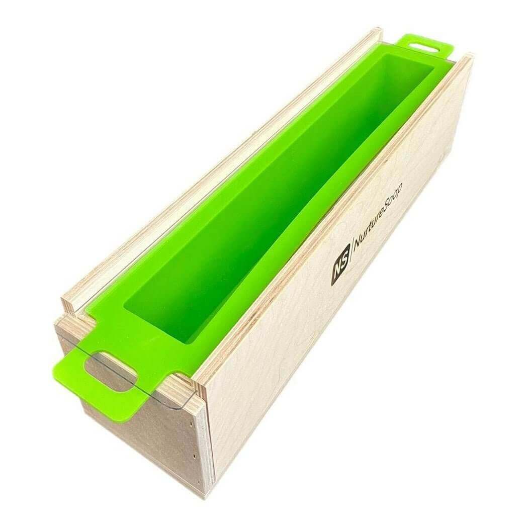 Nurture Handmade rectangular wooden soap mold with green silicone liner for homemade soap making