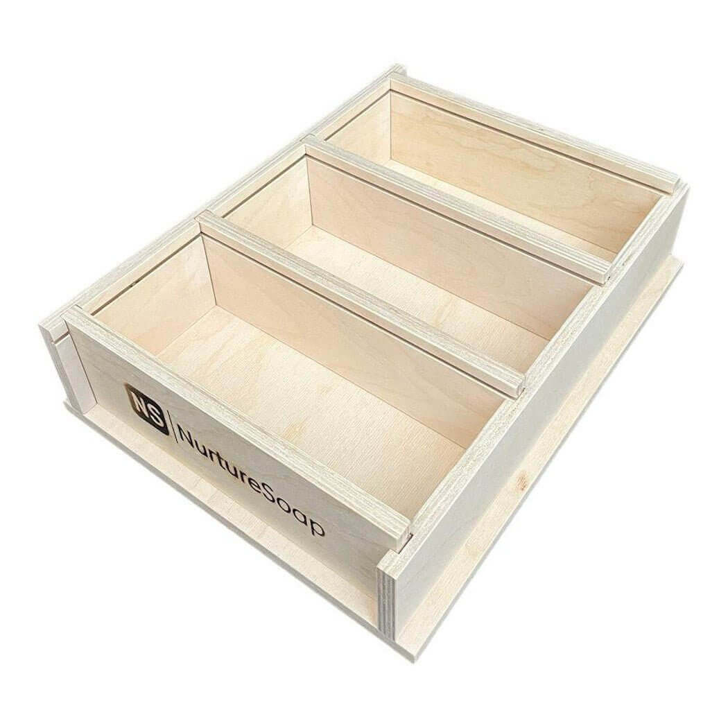 Handmade wooden box from NurtureSoap with three compartments for organizing handcrafted items.