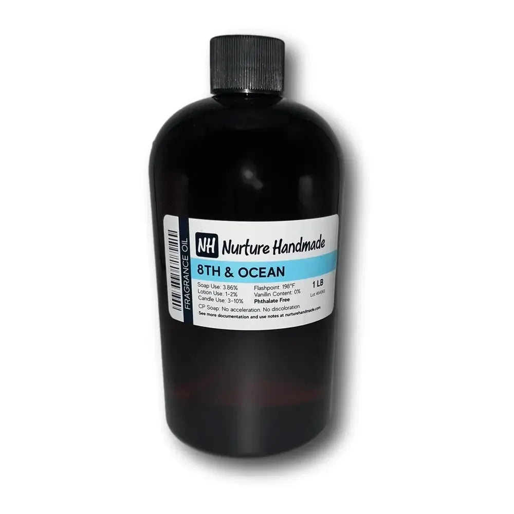 8th & Ocean Fragrance Oil bottle, perfect for crafting candles with a tropical scent of melon and citrus.