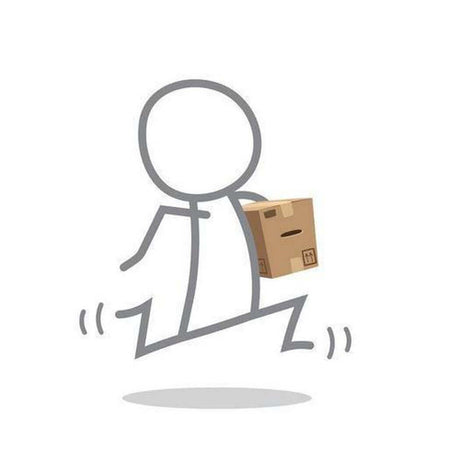 Stick figure carrying a cardboard box while running, symbolizing package delivery services.