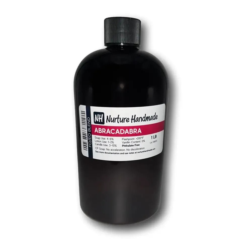 Black plastic bottle with Nurture Handmade Abracadabra label, one pound