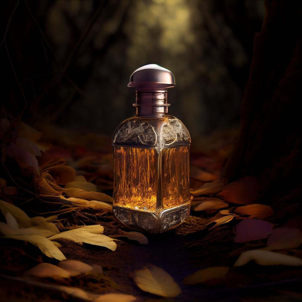 "Nurture Handmade perfume bottle surrounded by autumn leaves in a forest setting"