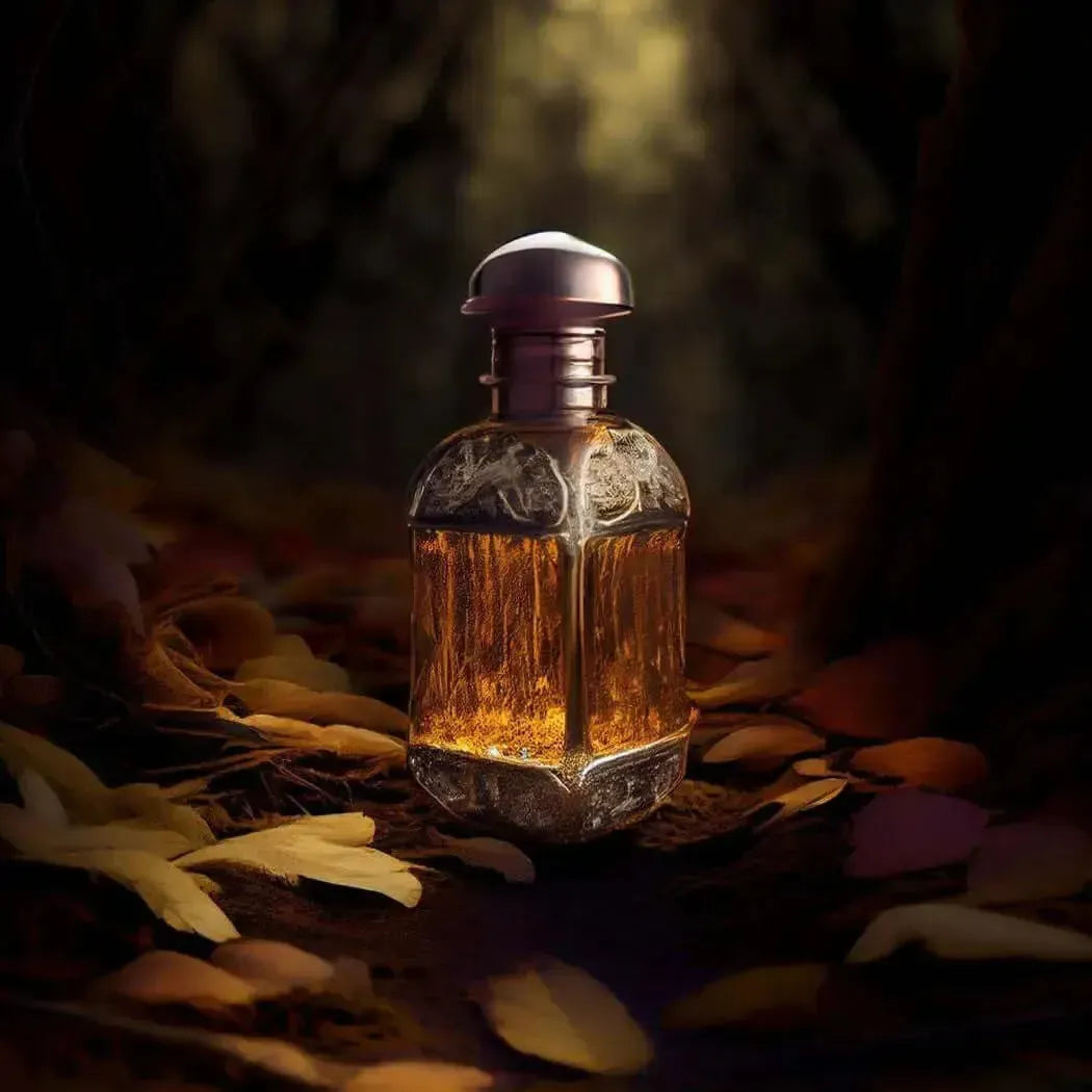 Amber filled engraved glass bottle on forest floor with fallen leaves
