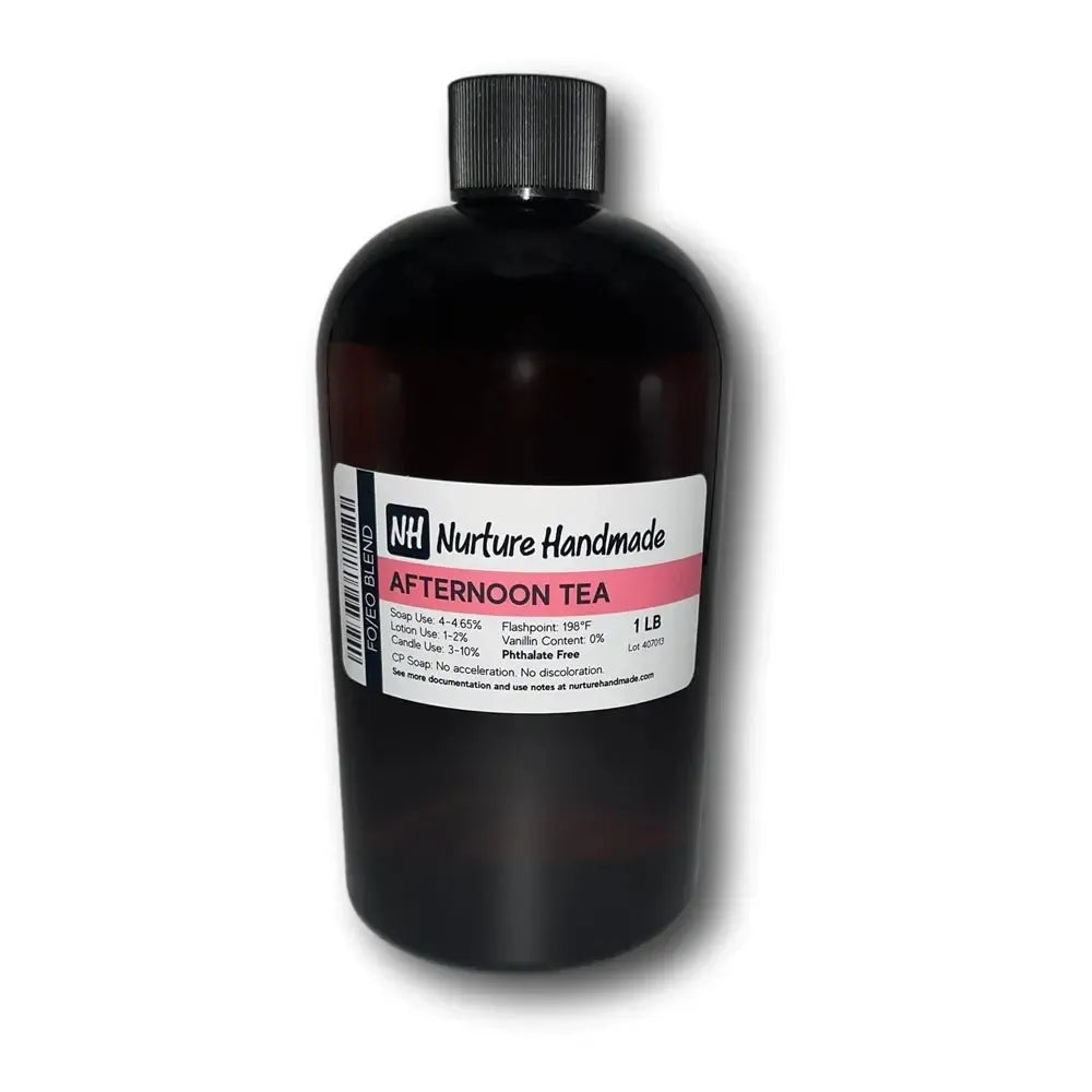 Afternoon Tea fragrance blend in dark amber glass bottle by Nurture Handmade