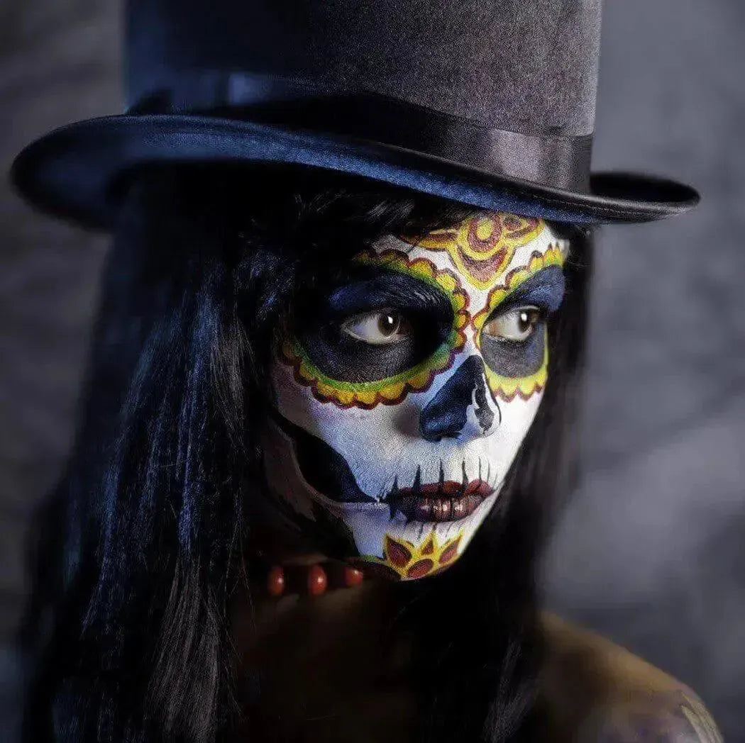 Matte black top hat with curved brim for All Souls Day Fragrance Blend