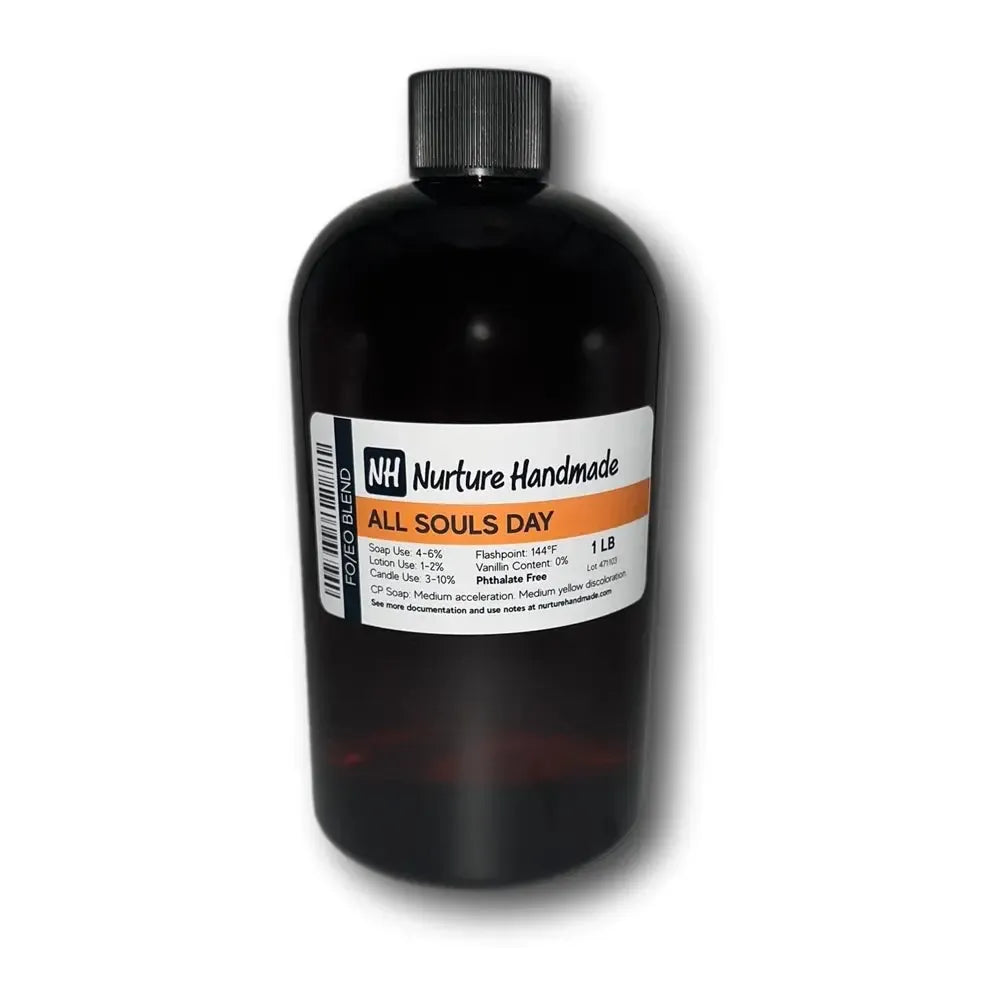 Dark amber bottle of Nurture All Souls Day fragrance blend for soap making