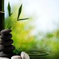 Balanced gray river stone tower with bamboo and water for aroma therapy oil
