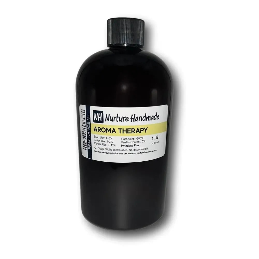 Dark amber glass bottle of Nurture Handmade Aroma Therapy fragrance oil