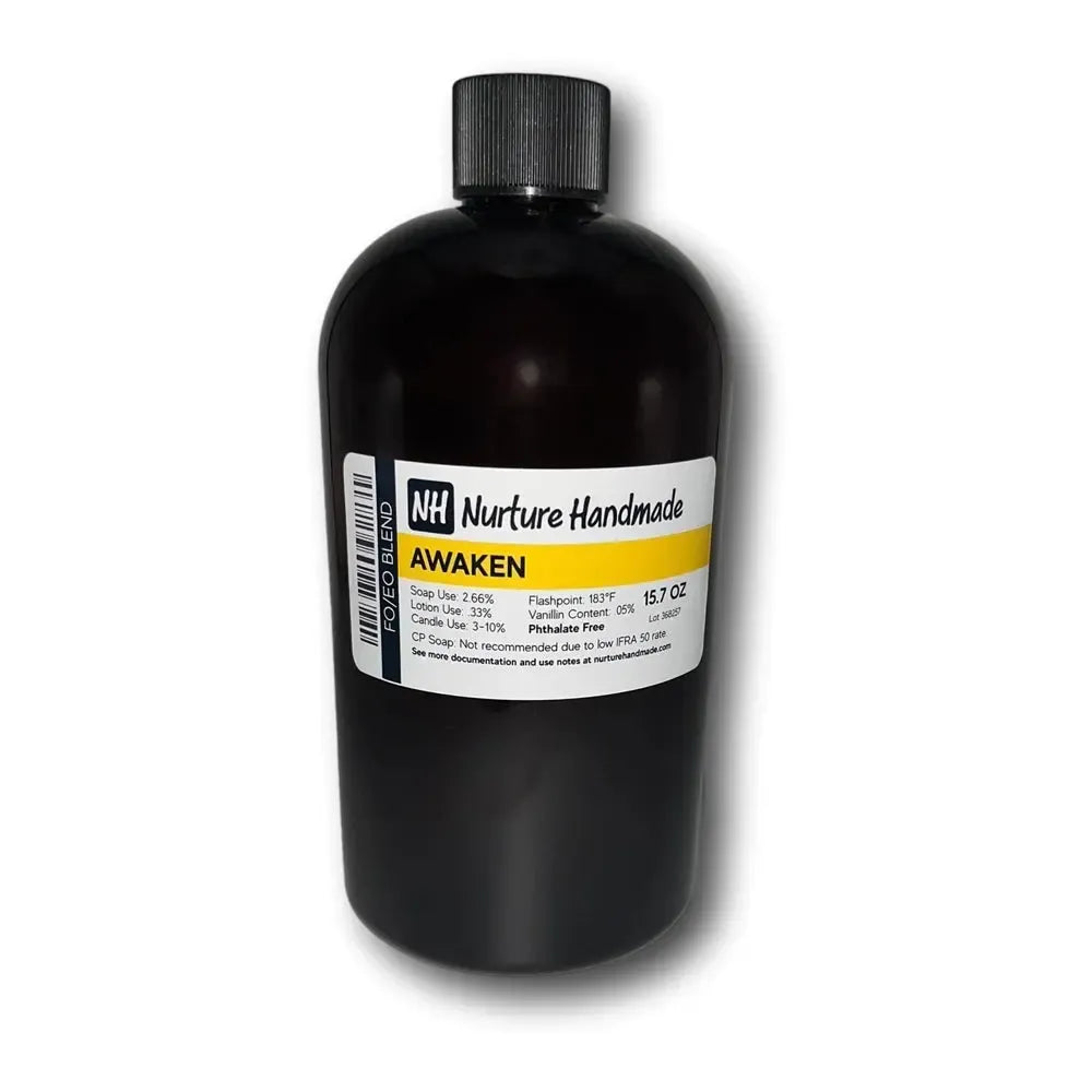 Awaken Fragrance Blend in dark amber glass bottle with black cap and white label