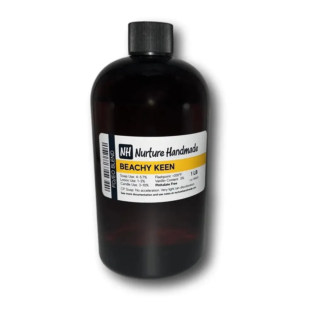 Beachy Keen fragrance in dark amber bottle with black cap and white label