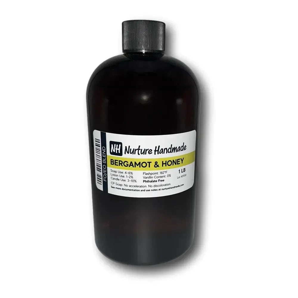 Bergamot + Honey fragrance blend in dark amber glass bottle with black cap