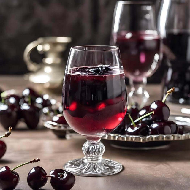 Elegant glass of cherry juice with fresh cherries, embodying the essence of nurture handmade drinks.