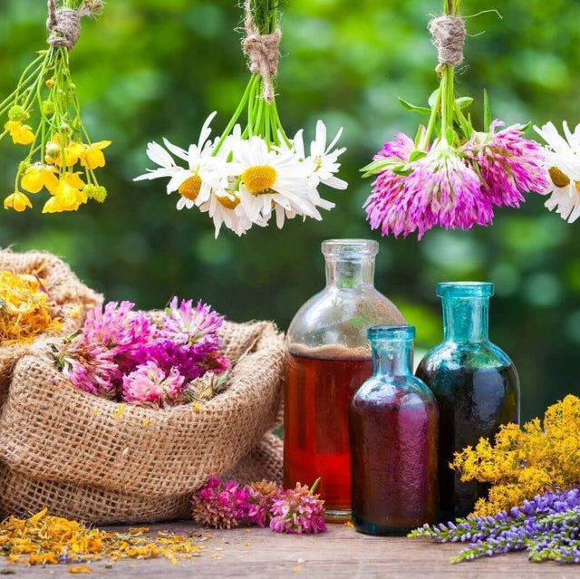 Rustic arrangement of hanging flowers, burlap sack with purple and yellow dried flowers, and colorful handmade bottles, Nurture Handmade.