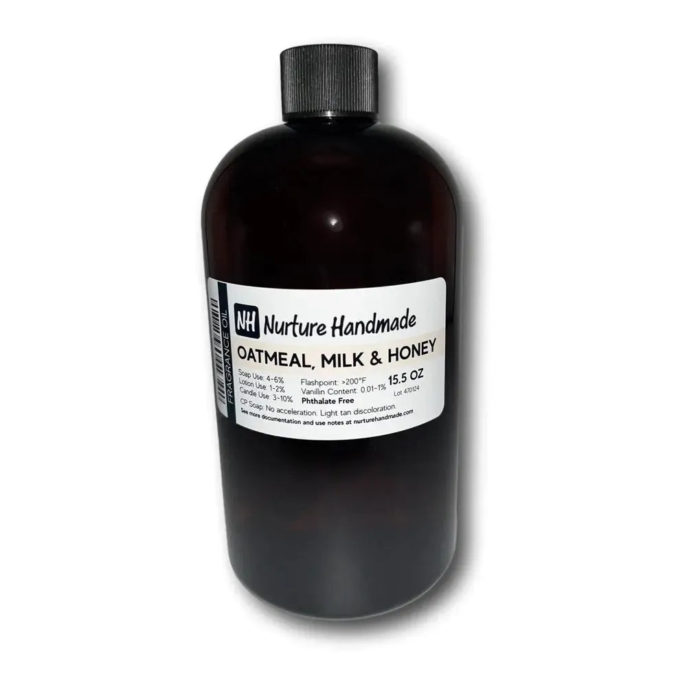 Dark amber glass bottle of Nurture Oatmeal Milk & Honey fragrance oil, 15.5 oz