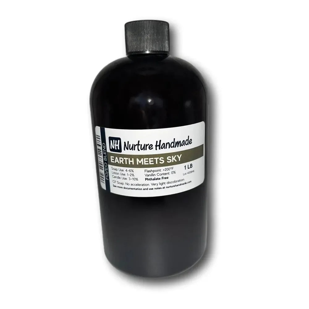 Black plastic bottle of Nurture Handmade Earth Meets Sky fragrance blend for soap lotion candle making