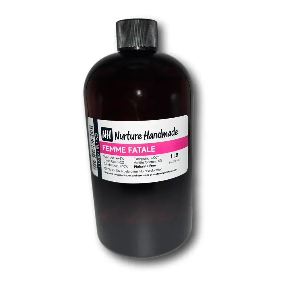 Femme Fatale fragrance blend in dark amber glass bottle with black cap and pink-accented label by Nurture Handmade