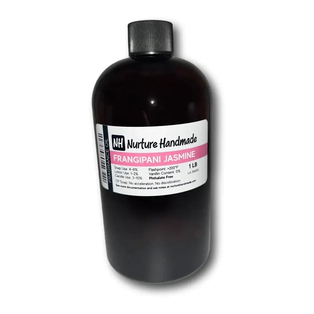 Dark amber bottle of Nurture Frangipani Jasmine fragrance oil