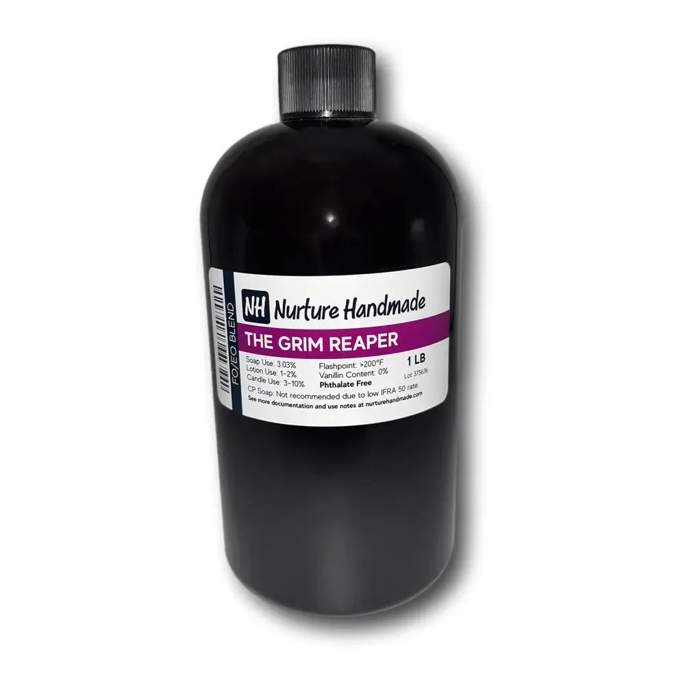 1 lb bottle of The Grim Reaper fragrance oil by Nurture Handmade, featuring an alluring floral blend.