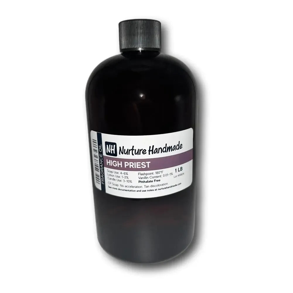 Dark amber glass bottle of High Priest fragrance oil by Nurture Handmade