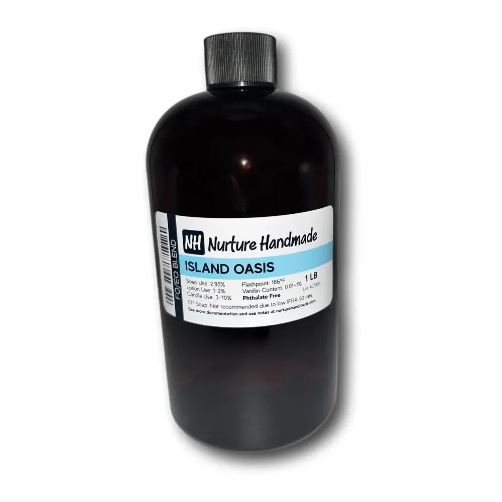 Island Oasis fragrance oil bottle - a refreshing blend of ocean, flowers, and exotic fruits for vibrant aromatherapy.
