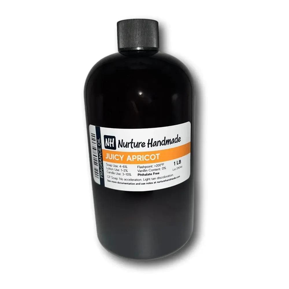 Juicy Apricot Fragrance Oil in dark amber bottle with orange label from Nurture Handmade