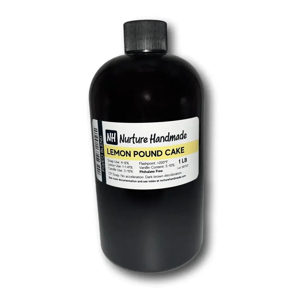 Black Lemon Pound Cake fragrance oil bottle with Nurture Handmade label