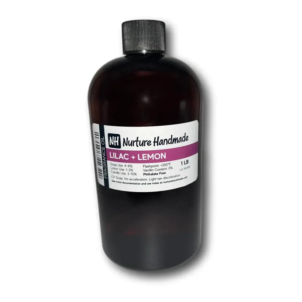 Dark amber bottle of Nurture Handmade Lilac + Lemon fragrance oil