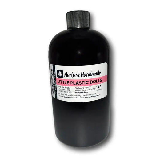Bottle of Little Plastic Dolls fragrance, featuring playful cherry and creamy almond notes.