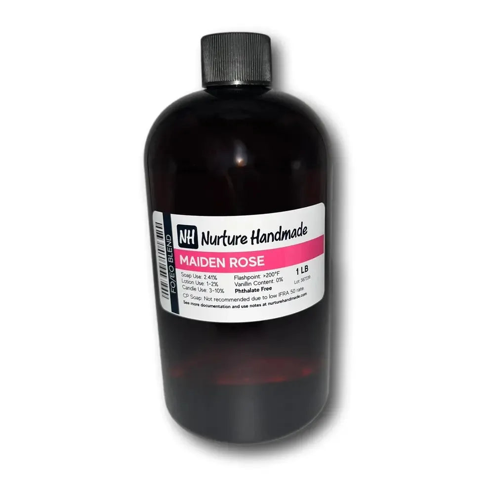 Maiden Rose fragrance oil in dark amber bottle with pink label