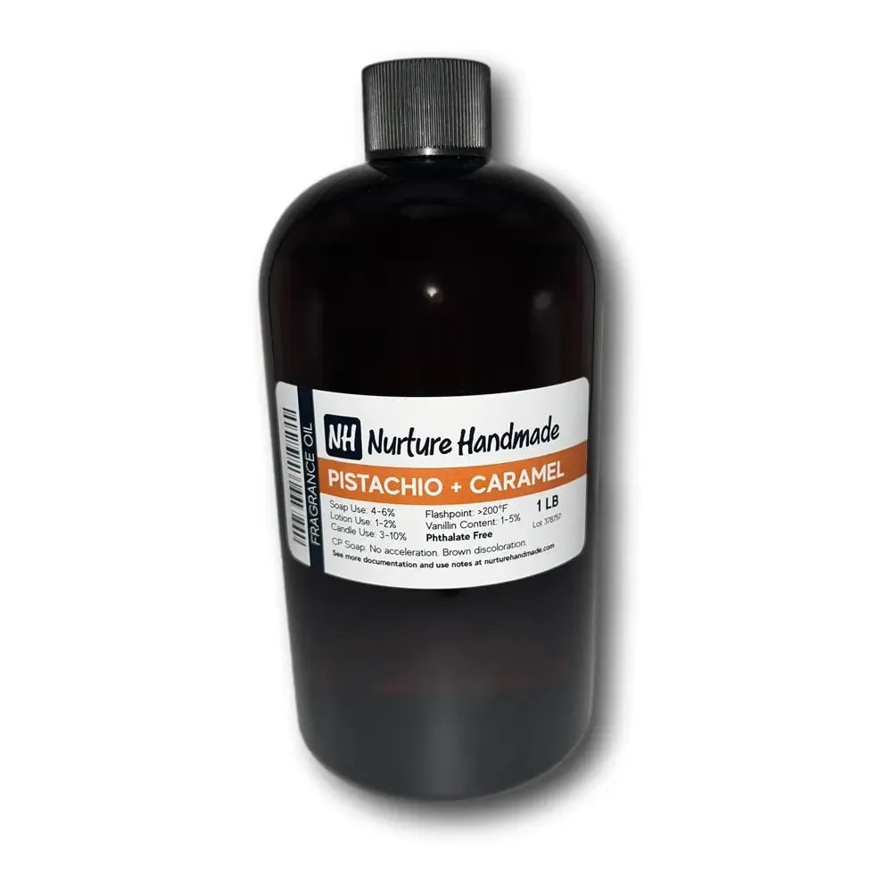 Pistachio + Caramel Fragrance Oil in dark amber glass bottle