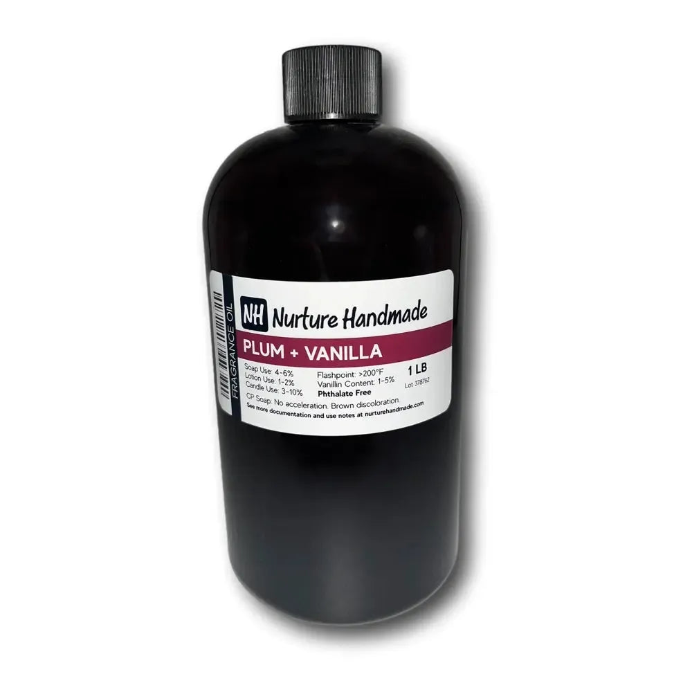 Black plastic bottle of Plum + Vanilla Fragrance Oil with silver ribbed cap