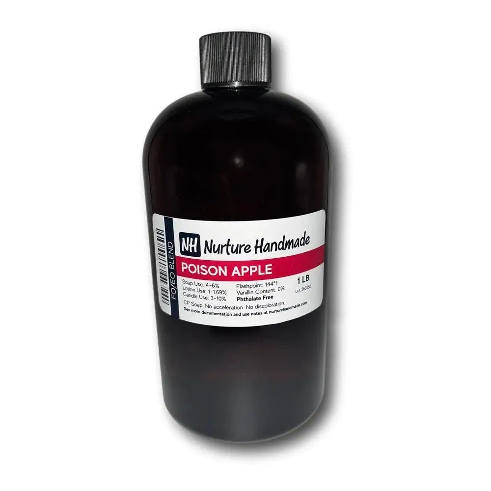 Dark amber glass bottle of Nurture Poison Apple fragrance blend