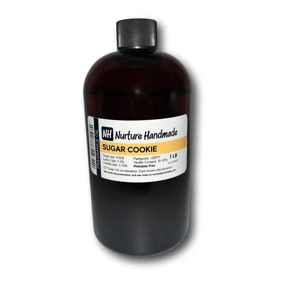 Dark amber glass bottle of Nurture Sugar Cookie fragrance oil with black cap