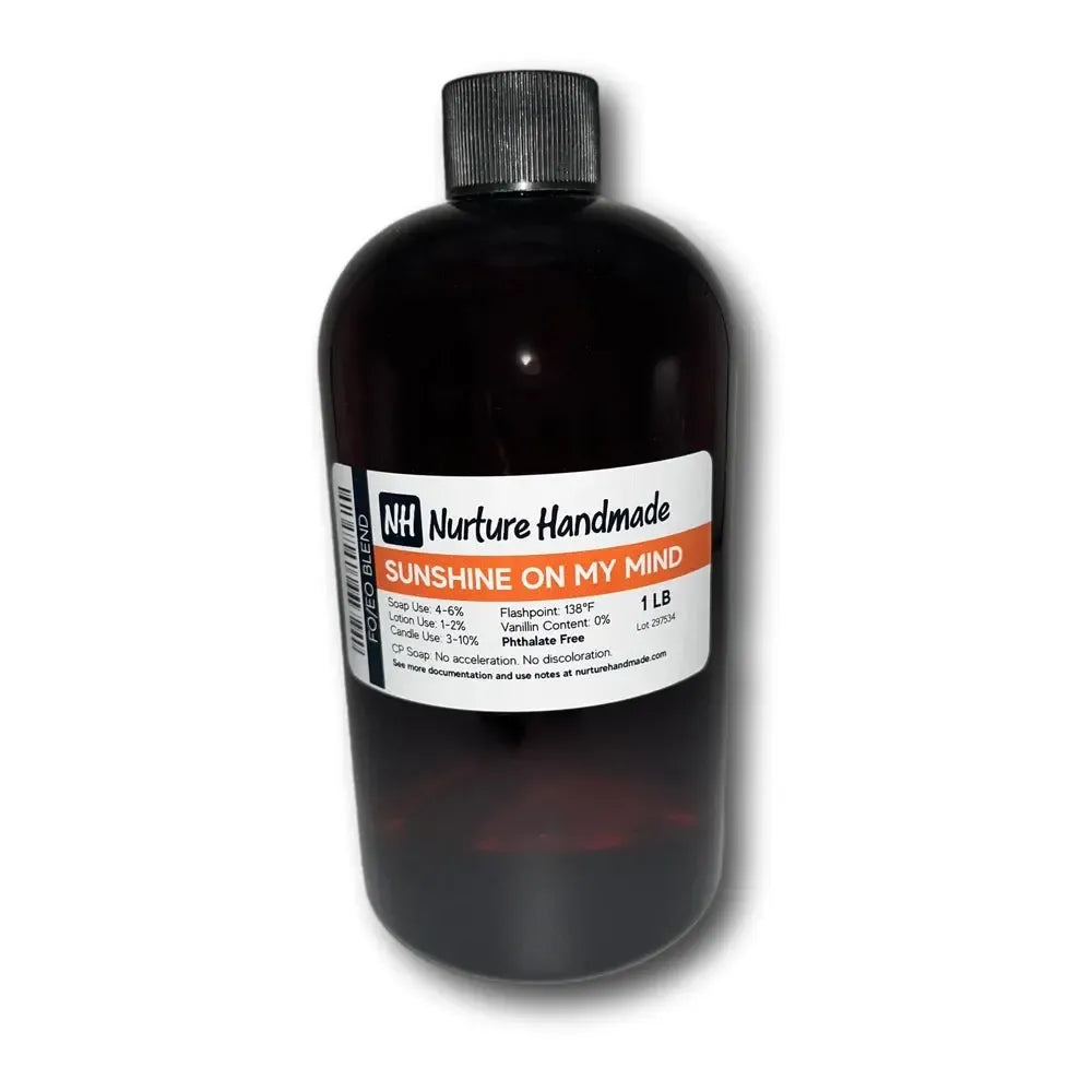 Dark amber glass bottle of Nurture Handmade Sunshine On My Mind soap lotion fragrance blend