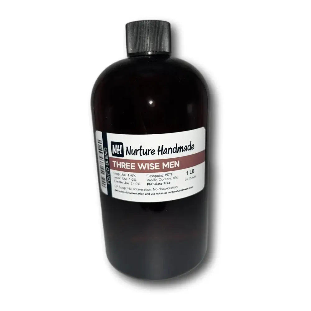 Three Wise Men fragrance oil in a 1 lb bottle, featuring unique notes of orange blossom, myrrh, and sandalwood.