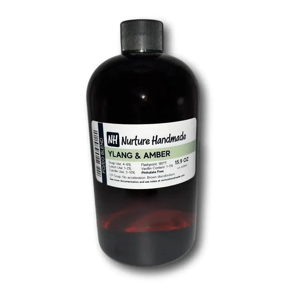 Ylang & Amber fragrance oil bottle, 15.9 oz, perfect for crafting luxurious scented products.