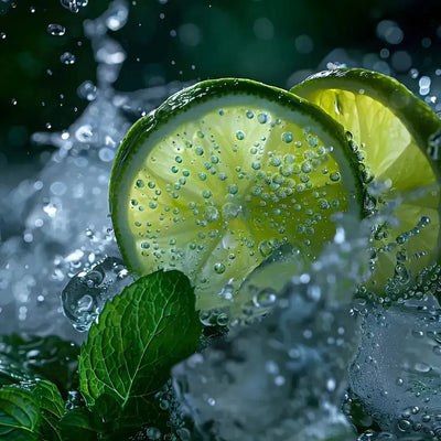 Lime slices in splashing water with mint leaves and ice