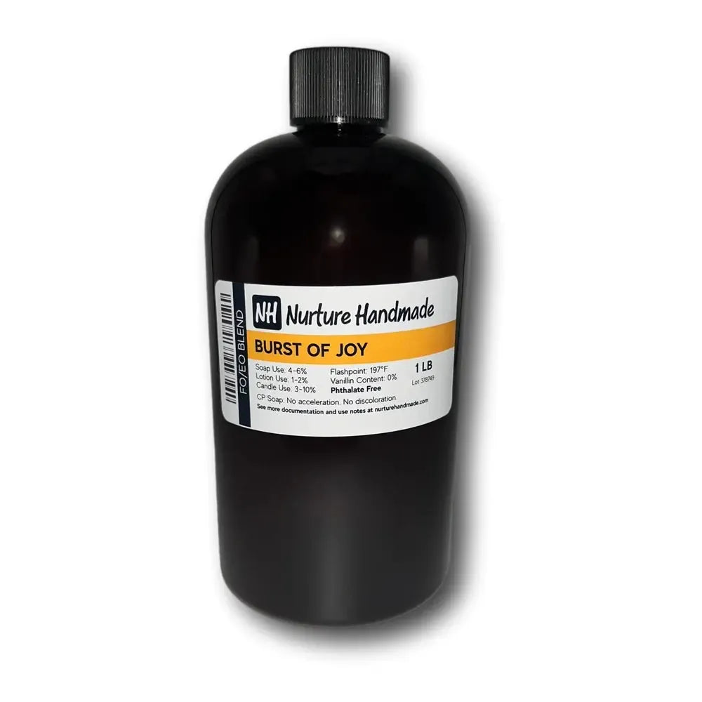 Dark amber glass bottle of Burst of Joy Fragrance Blend with black cap