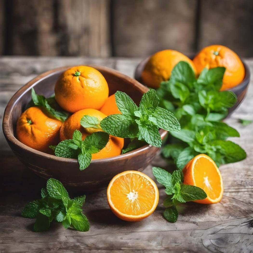 Fresh oranges and mint leaves in ceramic bowls on a rustic wooden table, showcasing natural and organic produce.