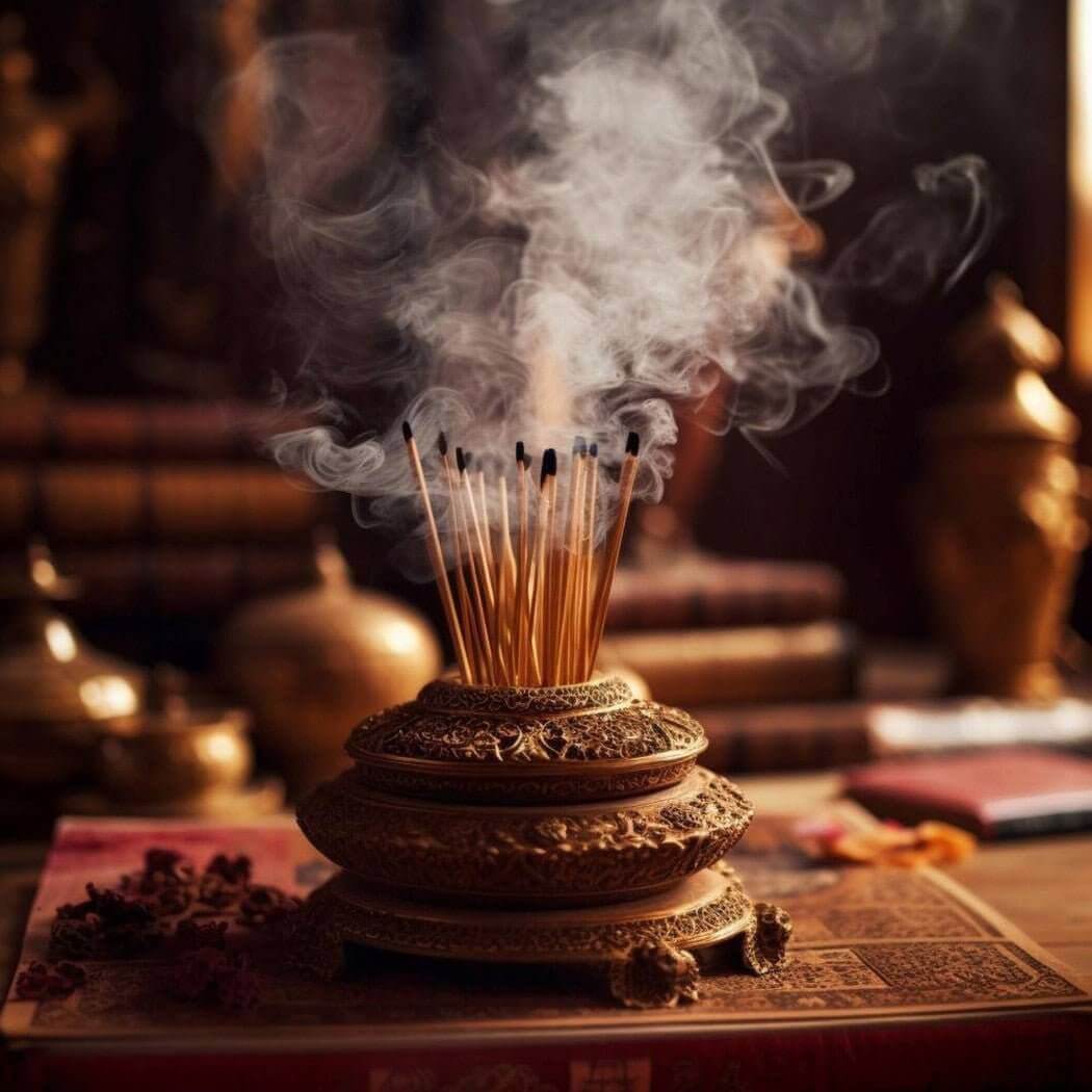 Incense sticks burning in an intricately handcrafted holder with smoke swirling, representing the essence of nurture and handmade artistry.