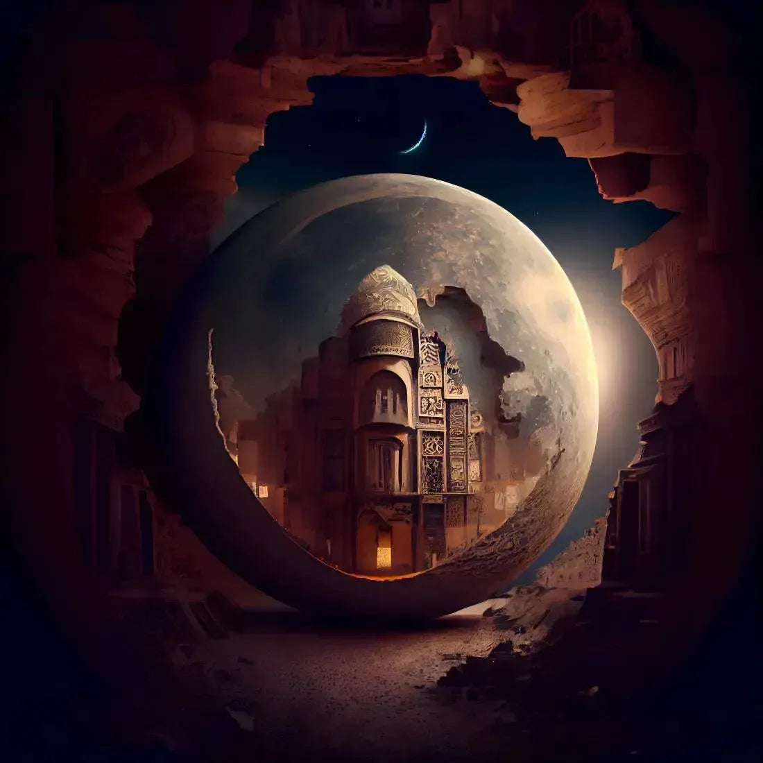Golden intricately carved mosque with ornate arches and domed roof under large textured moon, evoking Chandni Fragrance Blend