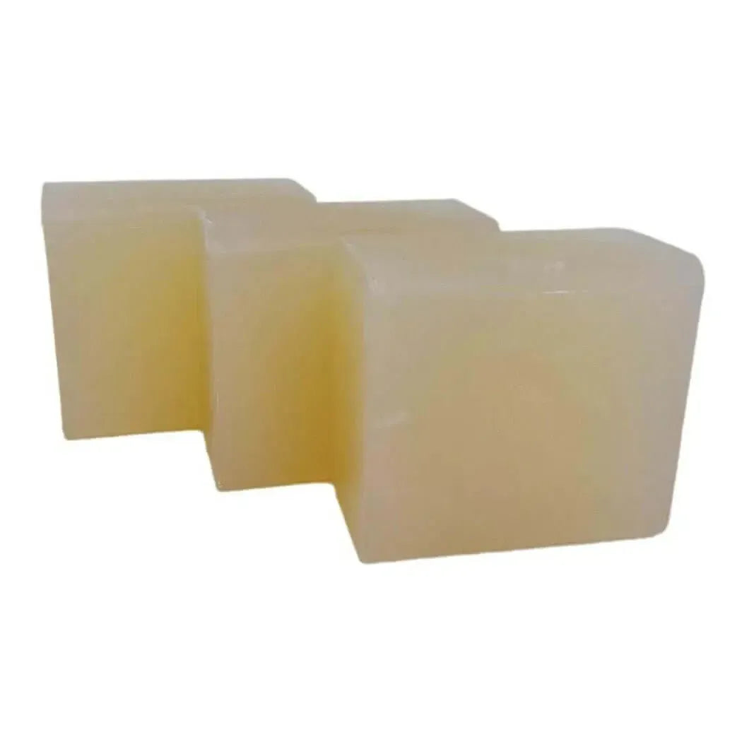 Three translucent pale yellow soap base blocks for Low Sweat Clear Soap Base