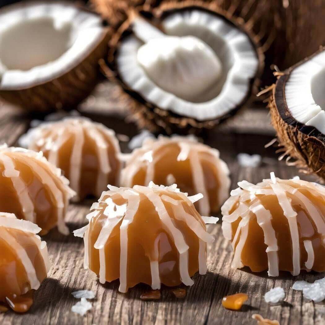 Delicious handmade coconut caramel candies with shredded coconut, highlighting the nurture and craftsmanship of artisanal sweets.