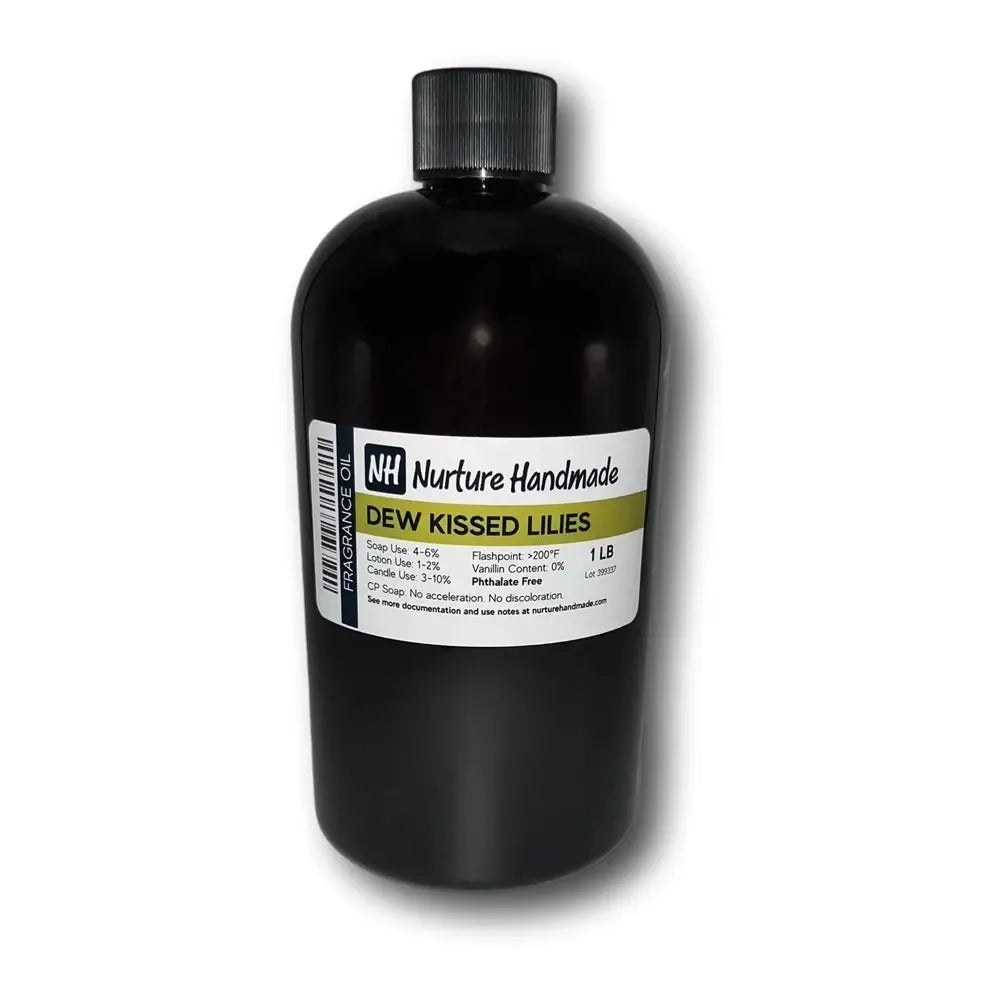 Black plastic bottle of Dew Kissed Lilies fragrance oil with ribbed cap