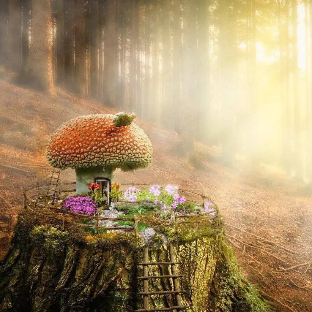 Whimsical red-capped mushroom house on mossy stump for Fairy Garden Fragrance Oil