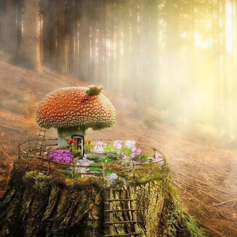 Toadstool house on mossy stump with flowers in misty forest