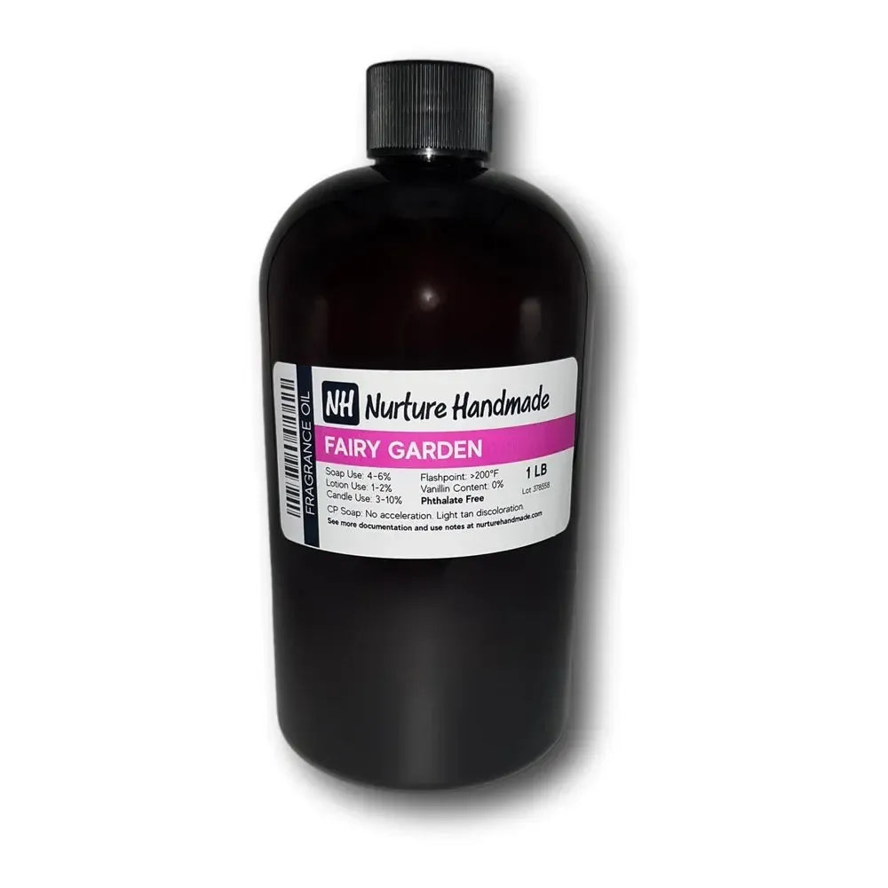 Dark amber glass bottle of Fairy Garden Fragrance Oil by Nurture Handmade