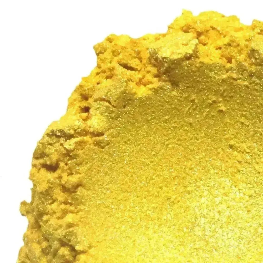 Firefly Yellow Mica: vibrant shimmering gold glittery powder with crumbly texture