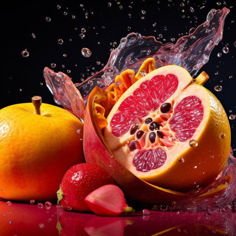 Vibrant display of fresh handmade fruits including pomegranate, mango, strawberry, and splashes of water against a black background.