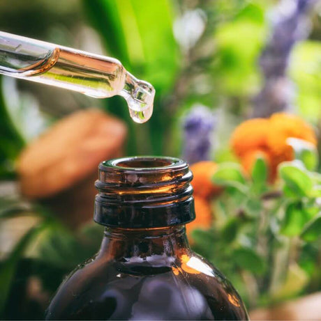 Dropper tip releasing liquid into a glass bottle surrounded by lush greenery and vibrant flowers, symbolizing nurturing handmade products.